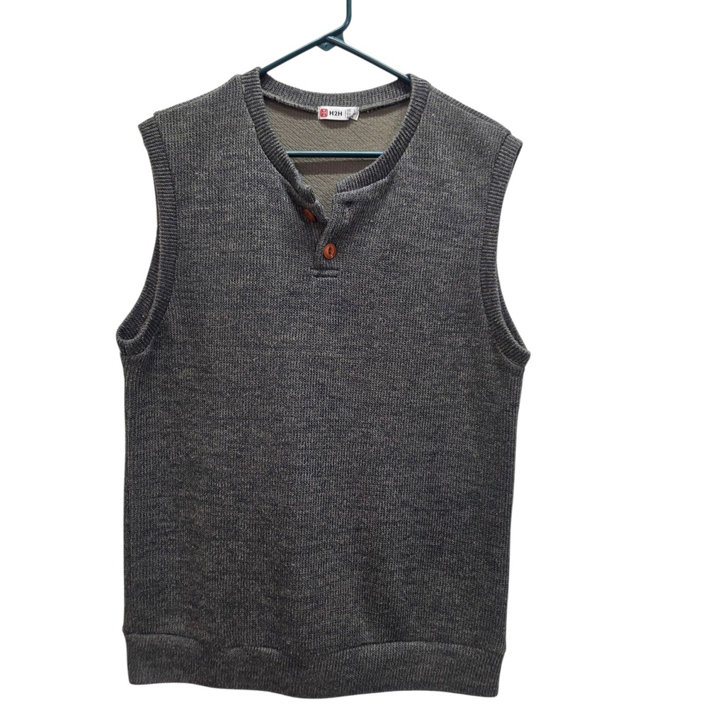 H2H Mens Sweater Vest Large Gray Knit Henley Button Neck Sleeveless Pullover L